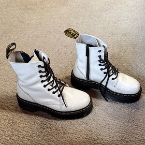 Dr. Martens White Leather Platform Combat Boots with Black Sole